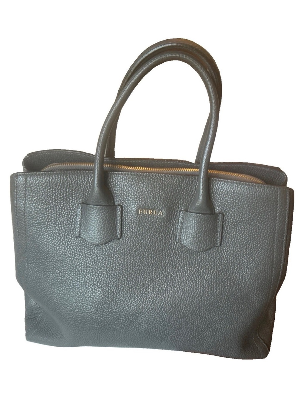 Furla Alba Dark Gray Pebbled Leather Tote with Gold Logo